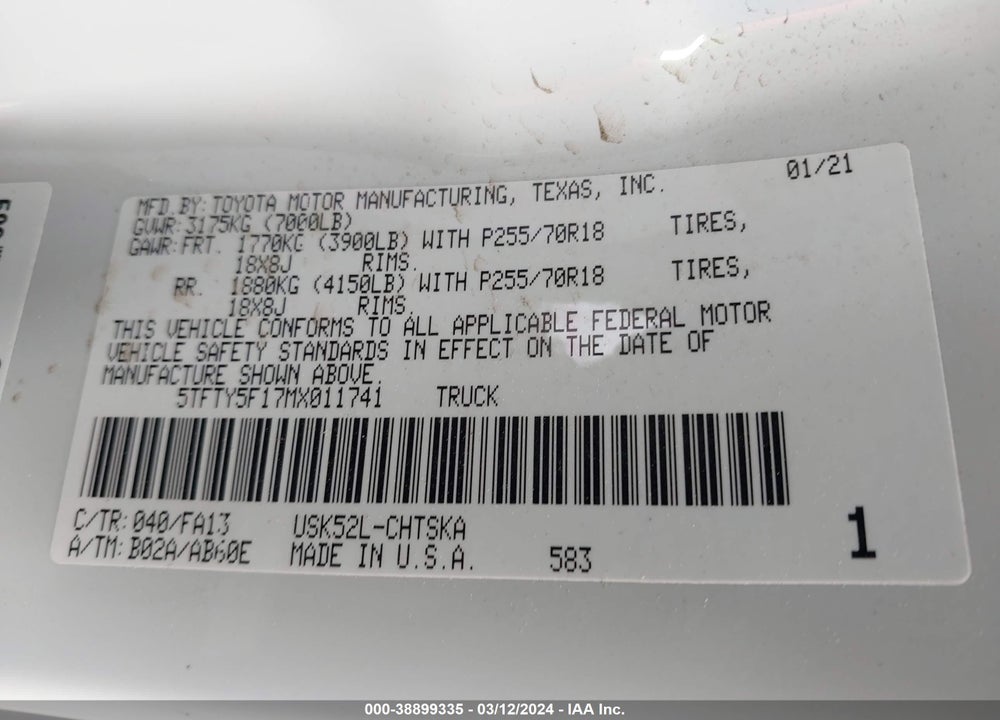 2021 TOYOTA TUNDRA SR VIN: 5TFTY5F17MX011741