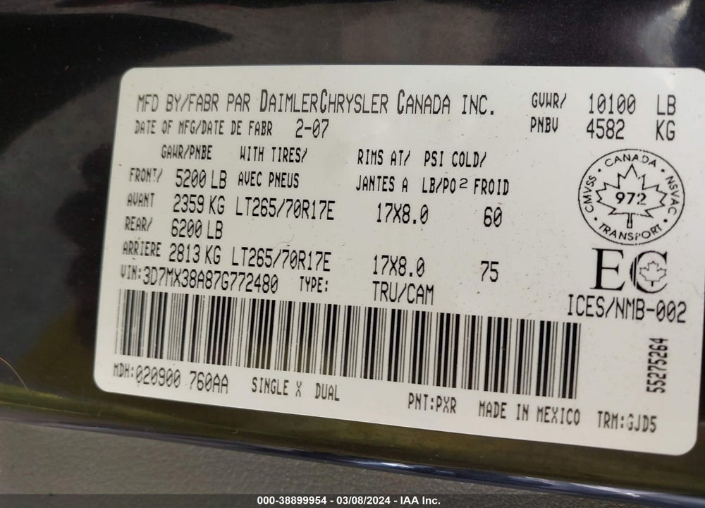 2007 DODGE RAM 3500 LARAMIE VIN: 3D7MX38A87G772480