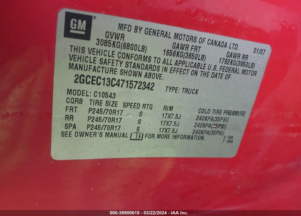 2007 CHEVROLET SILVERADO 1500 LT1 VIN: 2GCEC13C471572342