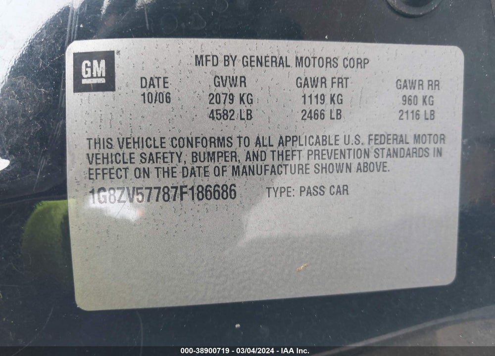 2007 SATURN AURA XR VIN: 1G8ZV57787F186686