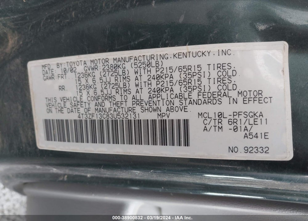 2003 TOYOTA SIENNA XLE VIN: 4T3ZF13C83U532131