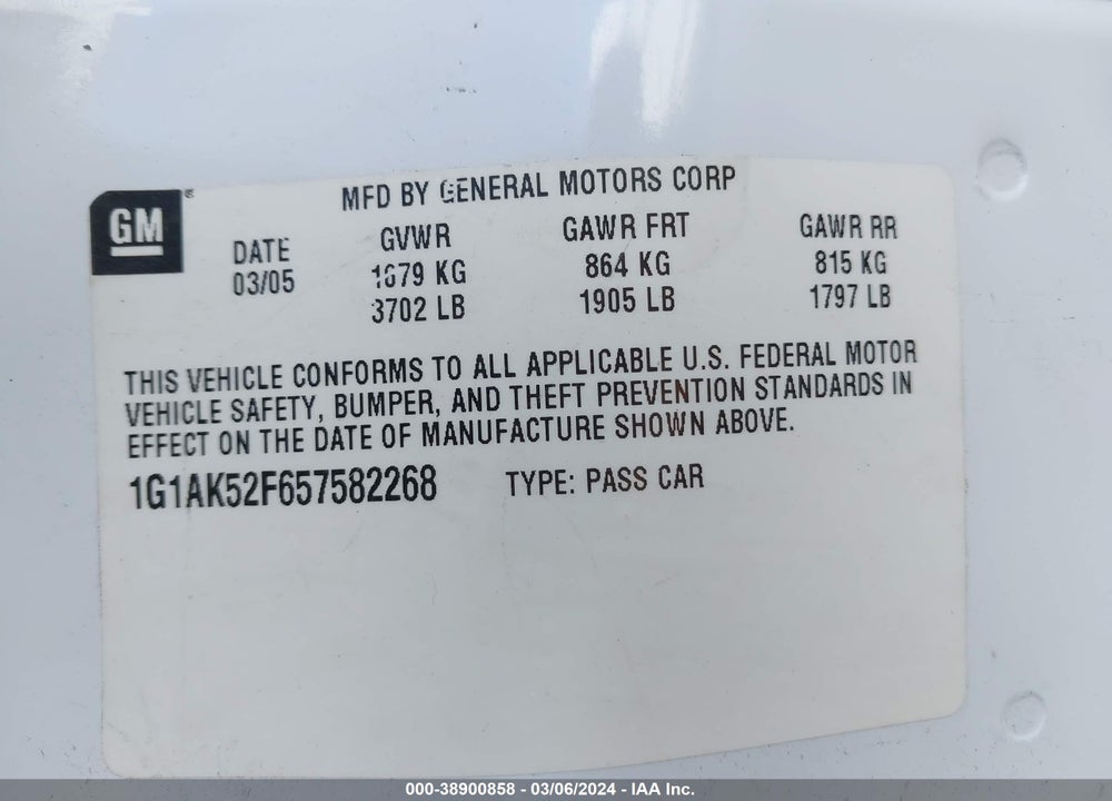 2005 CHEVROLET COBALT VIN: 1G1AK52F657582268