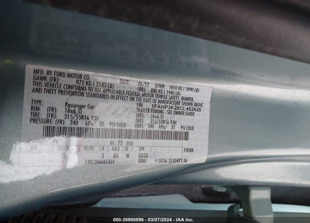 2012 FORD FOCUS SE VIN: 1FAHP3K28CL452625