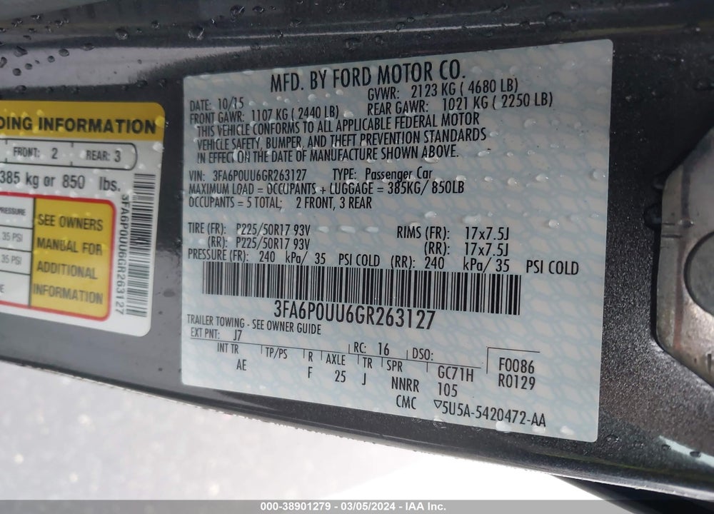 2016 FORD FUSION HYBRID S VIN: 3FA6P0UU6GR263127