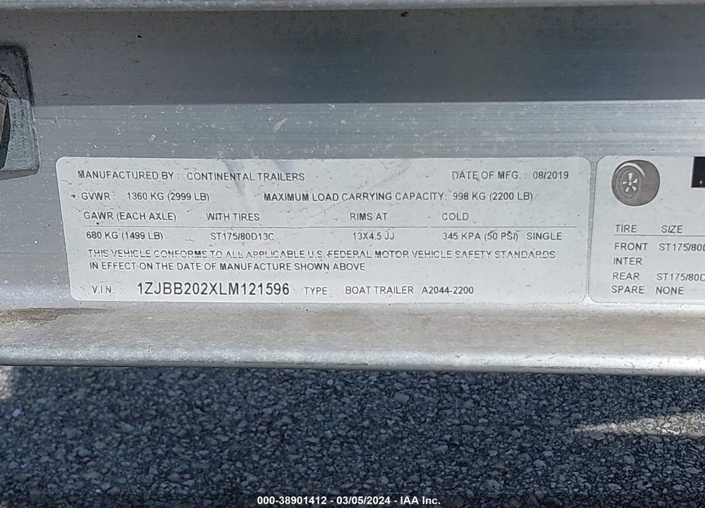 2020 CONTINENTAL TRAILER VIN: 1ZJBB202XLM121596