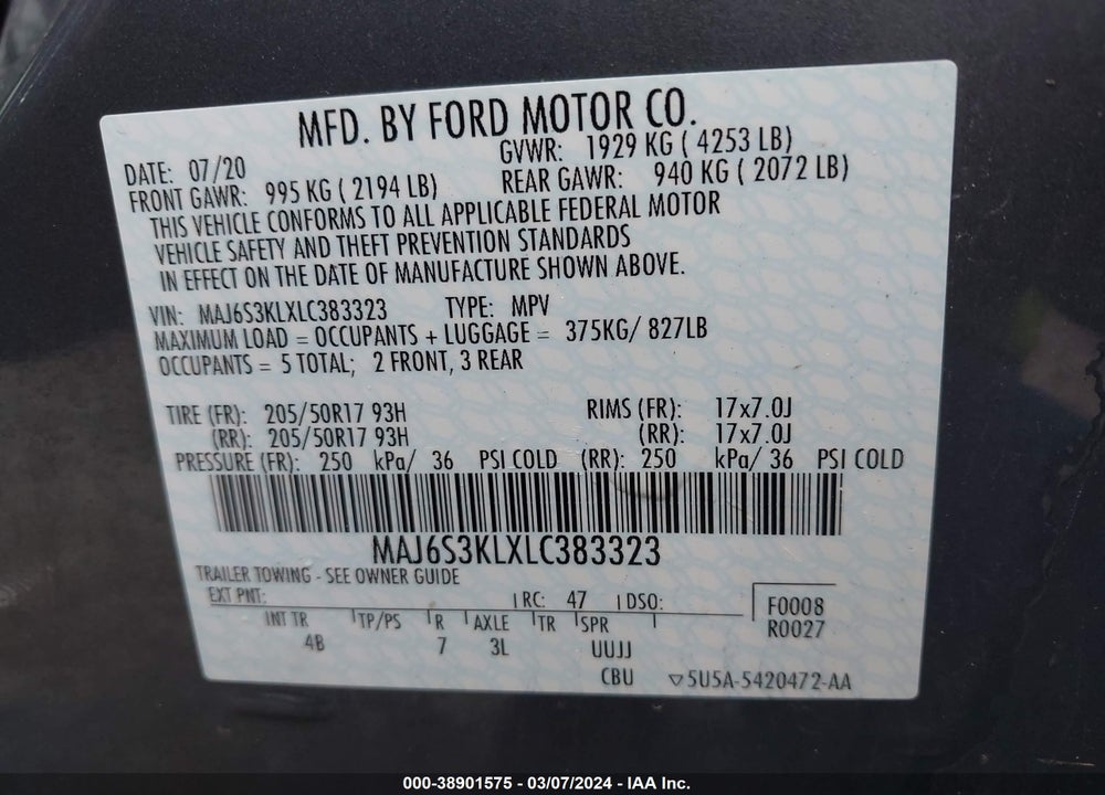 2020 FORD ECOSPORT TITANIUM VIN: MAJ6S3KLXLC383323