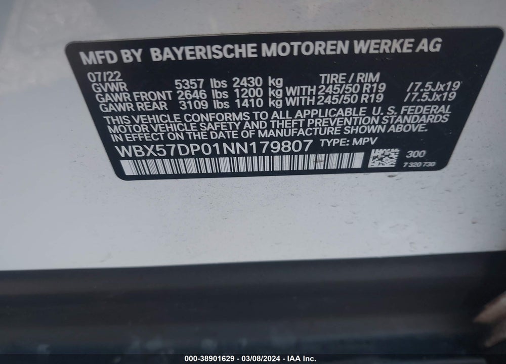 2022 BMW X3 XDRIVE30I VIN: WBX57DP01NN179807