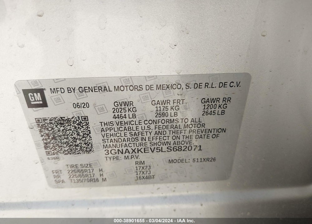 2020 CHEVROLET EQUINOX FWD LT 1.5L TURBO VIN: 3GNAXKEV5LS682071