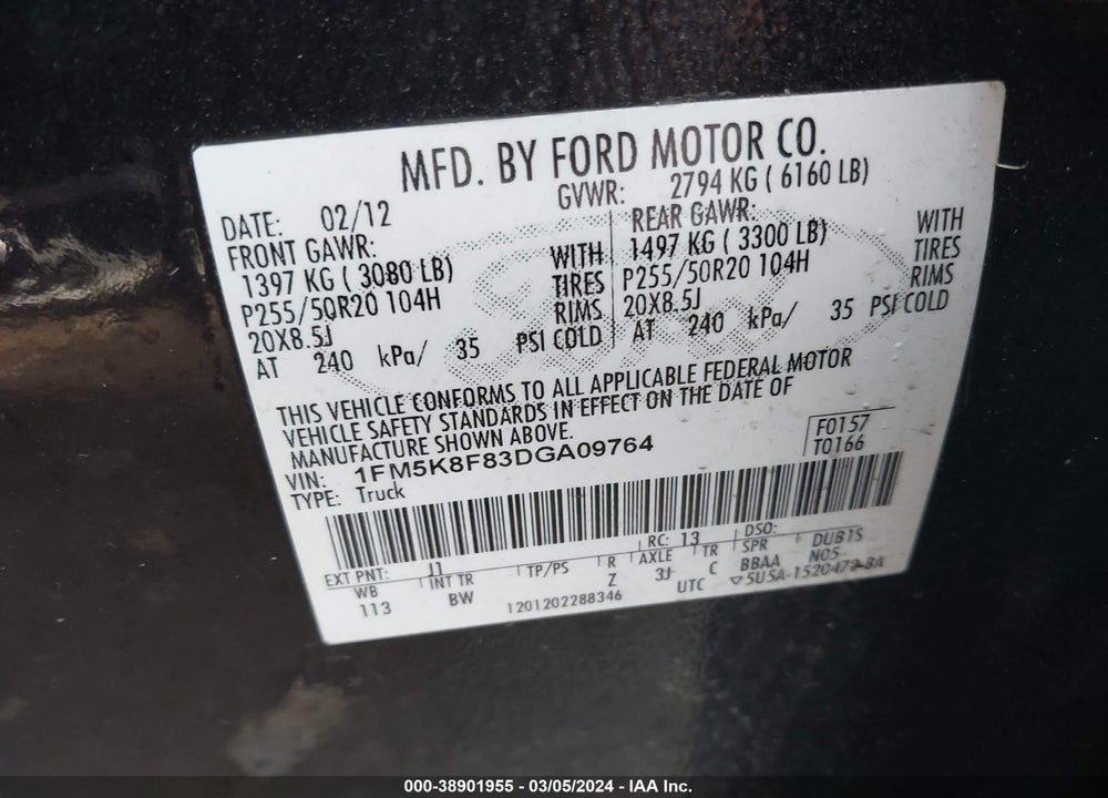 2013 FORD EXPLORER LIMITED VIN: 1FM5K8F83DGA09764
