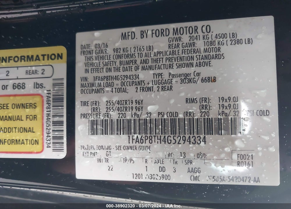 2016 FORD MUSTANG ECOBOOST VIN: 1FA6P8TH4G5294334
