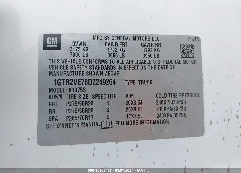 2013 GMC SIERRA 1500 SLE VIN: 1GTR2VE78DZ249264