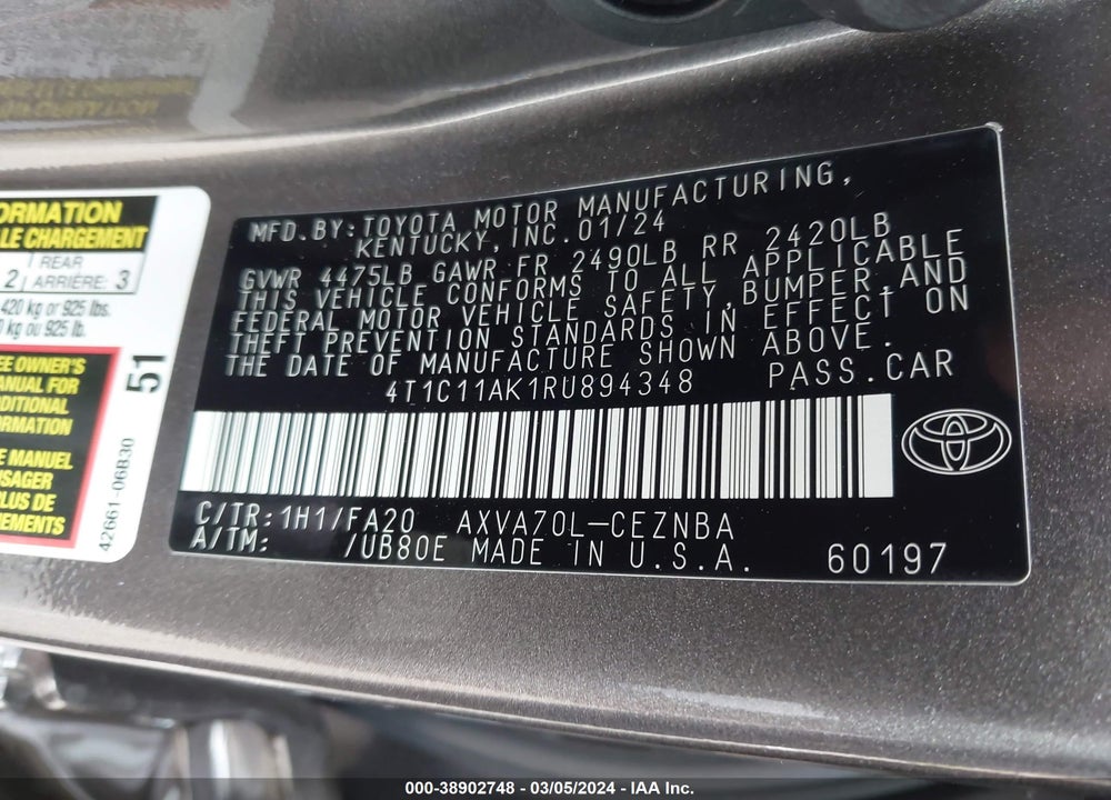 2024 TOYOTA CAMRY LE VIN: 4T1C11AK1RU894348