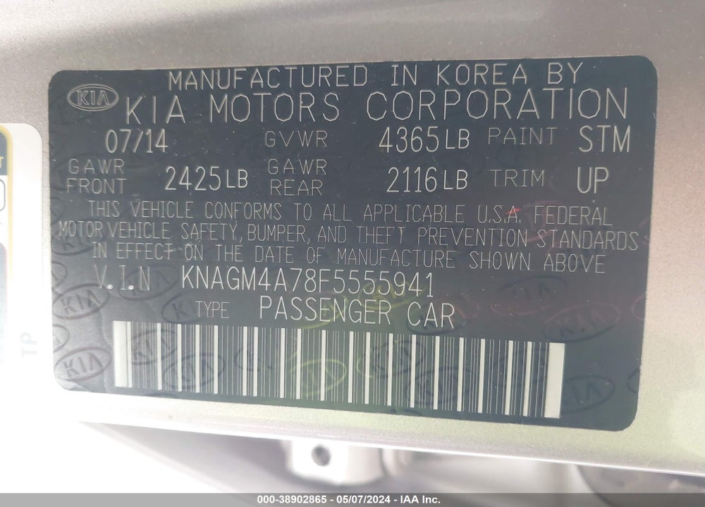 2015 KIA OPTIMA LX VIN: KNAGM4A78F5555941