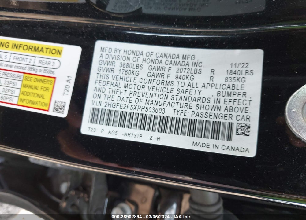2023 HONDA CIVIC SPORT VIN: 2HGFE2F5XPH503603