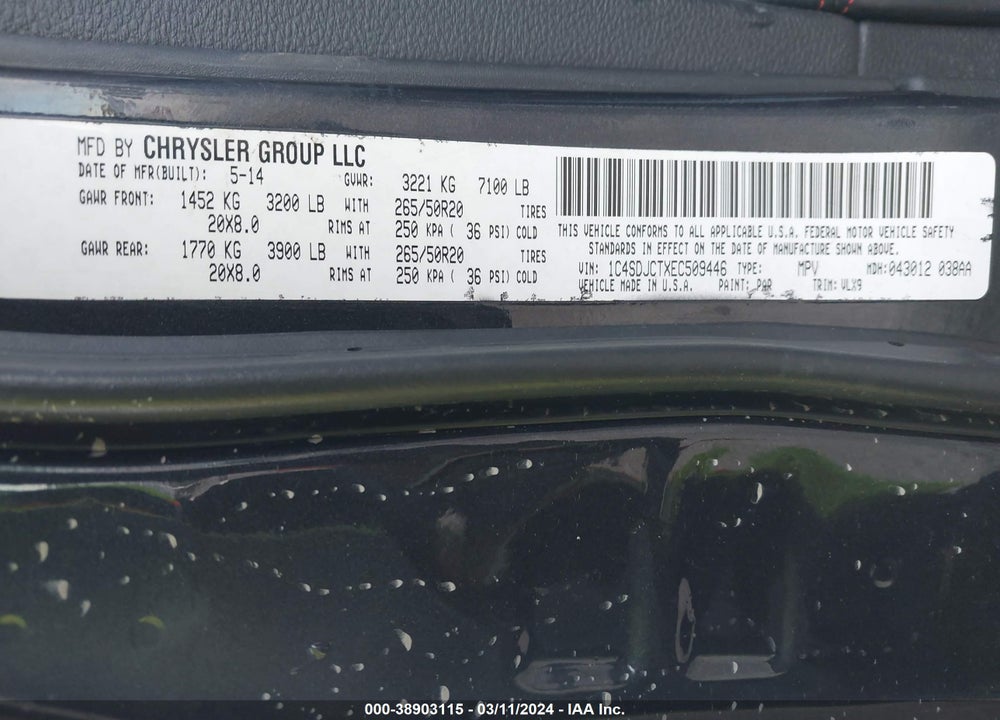 2014 DODGE DURANGO R/T VIN: 1C4SDJCTXEC509446