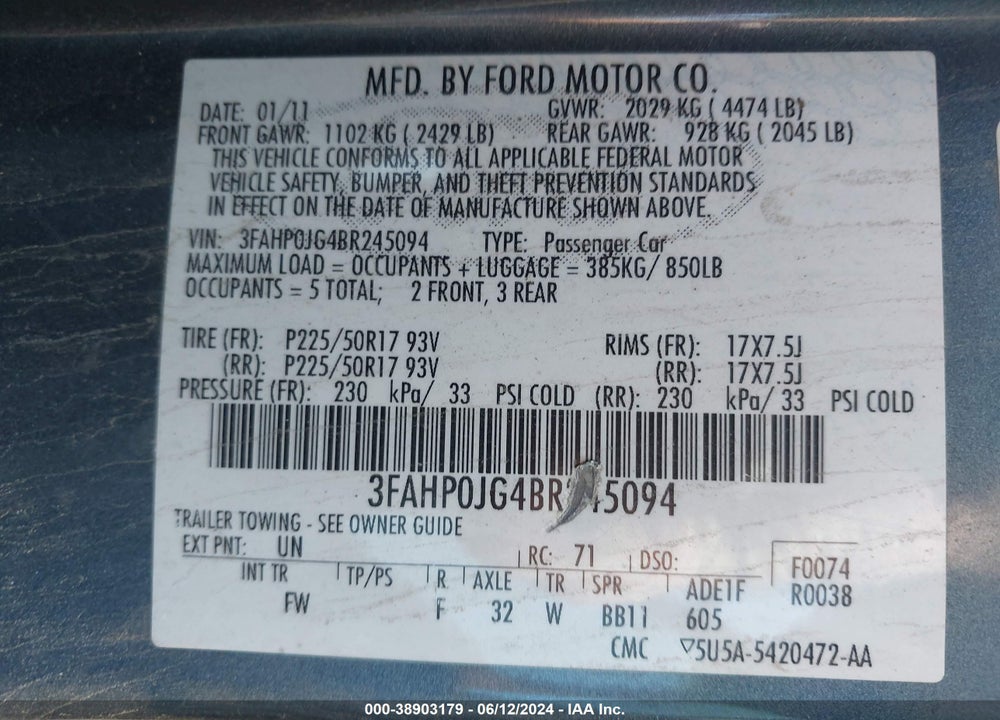 2011 FORD FUSION SEL VIN: 3FAHP0JG4BR245094