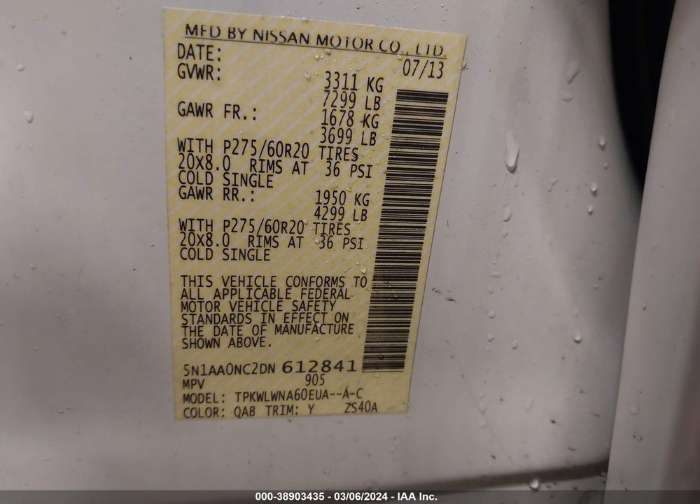2013 NISSAN ARMADA PLATINUM VIN: 5N1AA0NC2DN612841