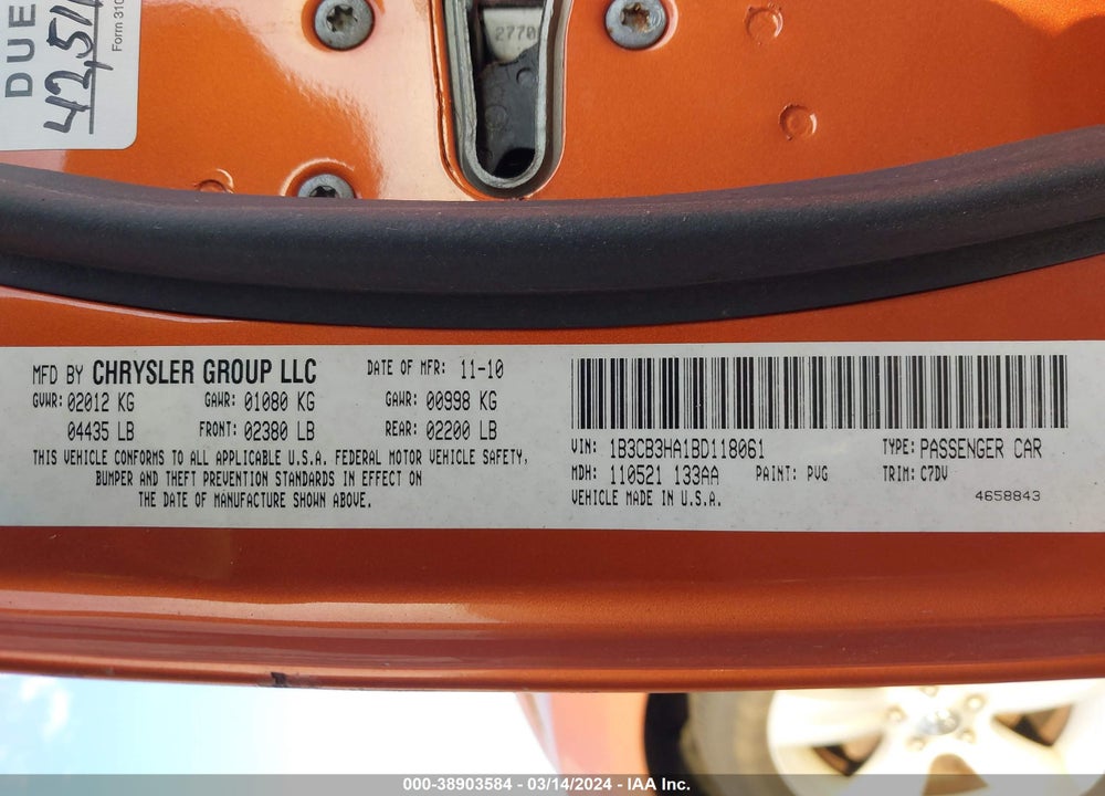 2011 DODGE CALIBER MAINSTREET VIN: 1B3CB3HA1BD118061