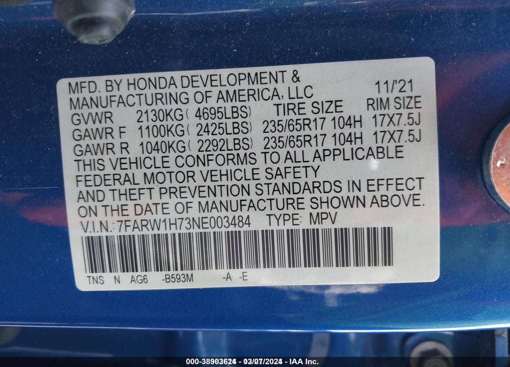 2022 HONDA CR-V VIN: 7FARW1H73NE003484