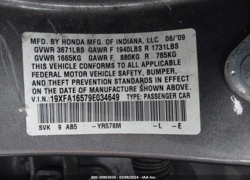 2009 HONDA CIVIC LX VIN: 19XFA16579E034649
