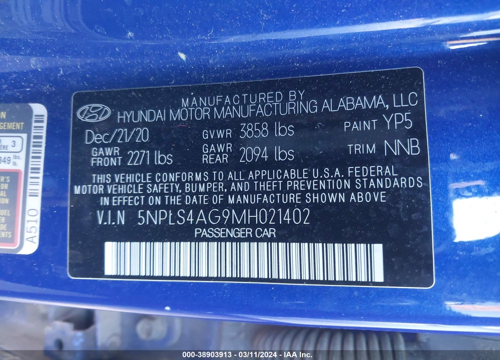 2021 HYUNDAI ELANTRA SEL VIN: 5NPLS4AG9MH021402
