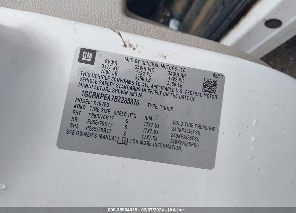 2011 CHEVROLET SILVERADO 1500 WORK TRUCK VIN: 1GCRKPEA7BZ283376