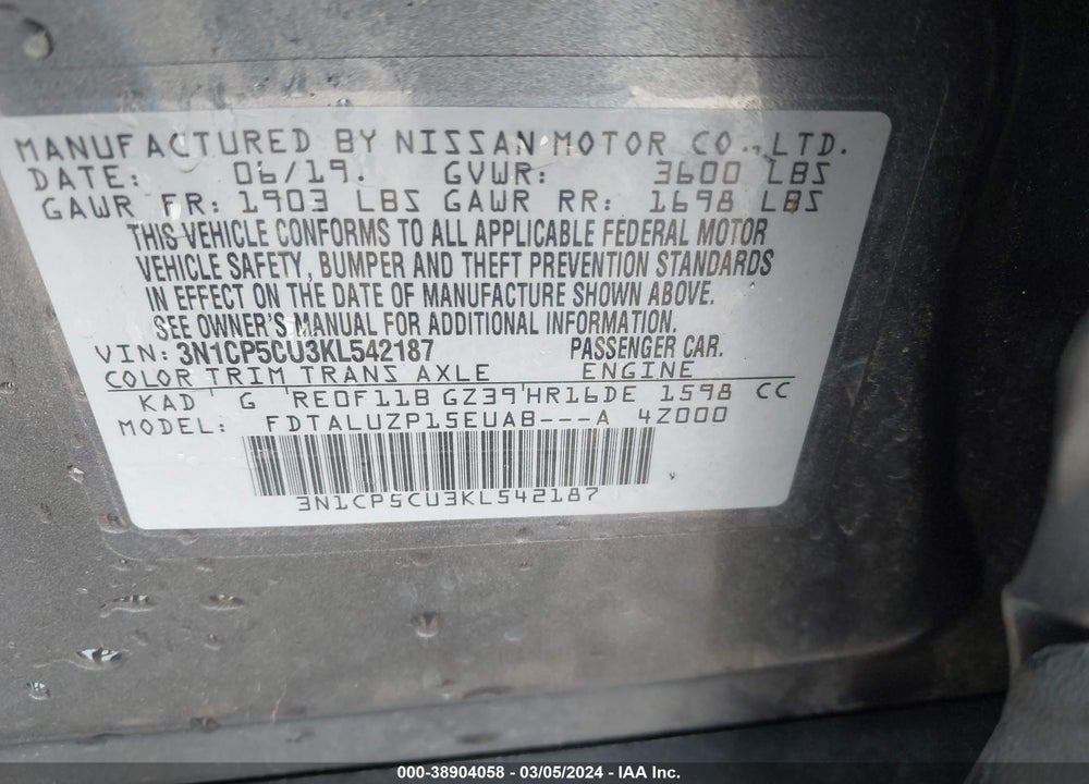 2019 NISSAN KICKS SR VIN: 3N1CP5CU3KL542187