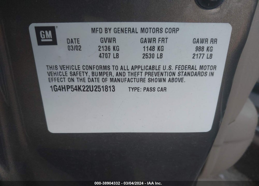 2002 BUICK LESABRE CUSTOM VIN: 1G4HP54K22U251813
