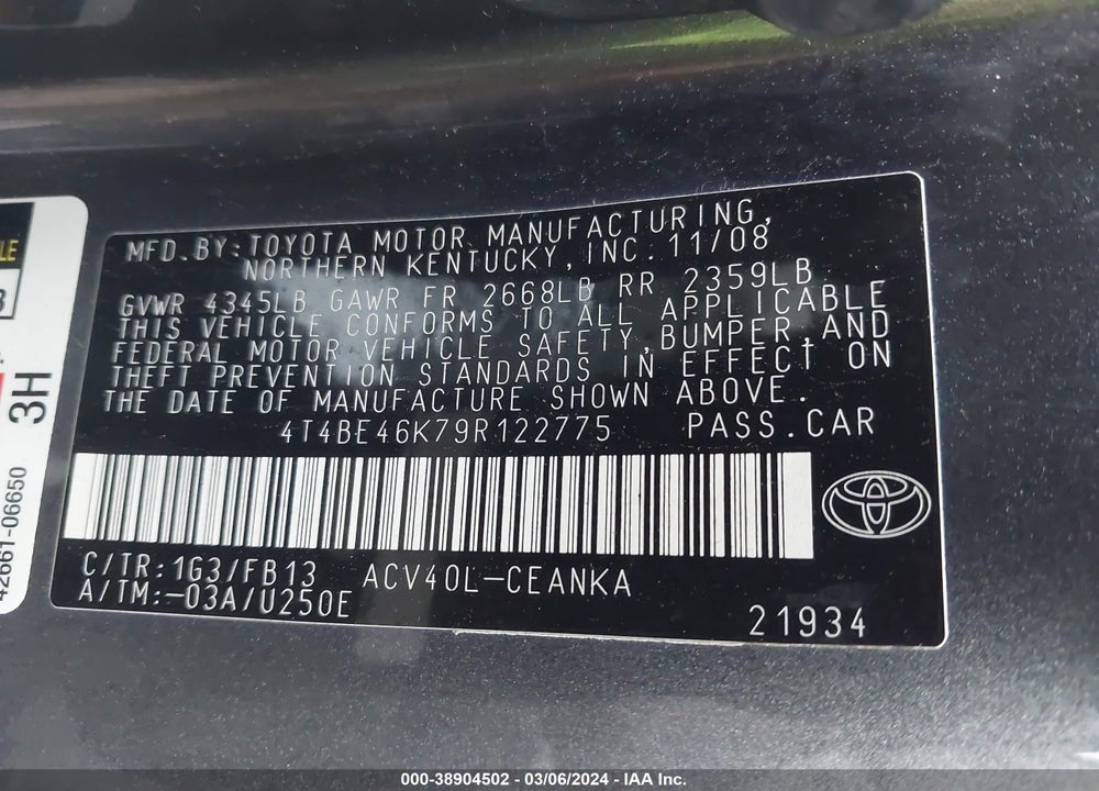 2009 TOYOTA CAMRY LE VIN: 4T4BE46K79R122775