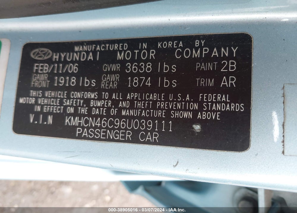 2006 HYUNDAI ACCENT GLS VIN: KMHCN46C96U039111