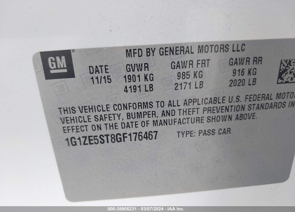 2016 CHEVROLET MALIBU 1LT VIN: 1G1ZE5ST8GF176467