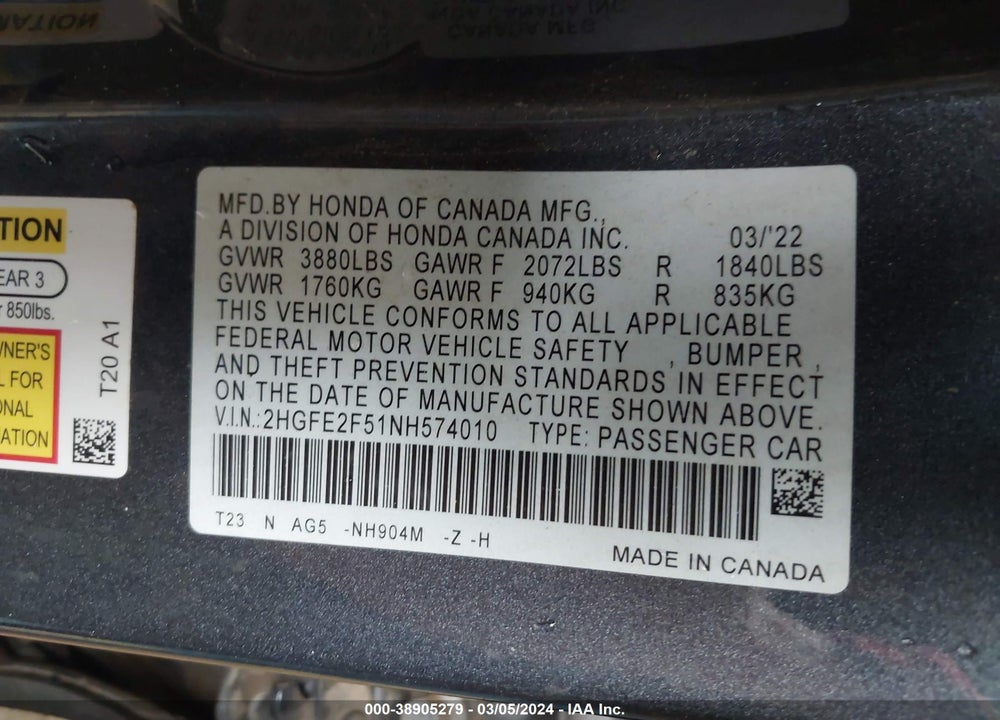2022 HONDA CIVIC SPORT VIN: 2HGFE2F51NH574010