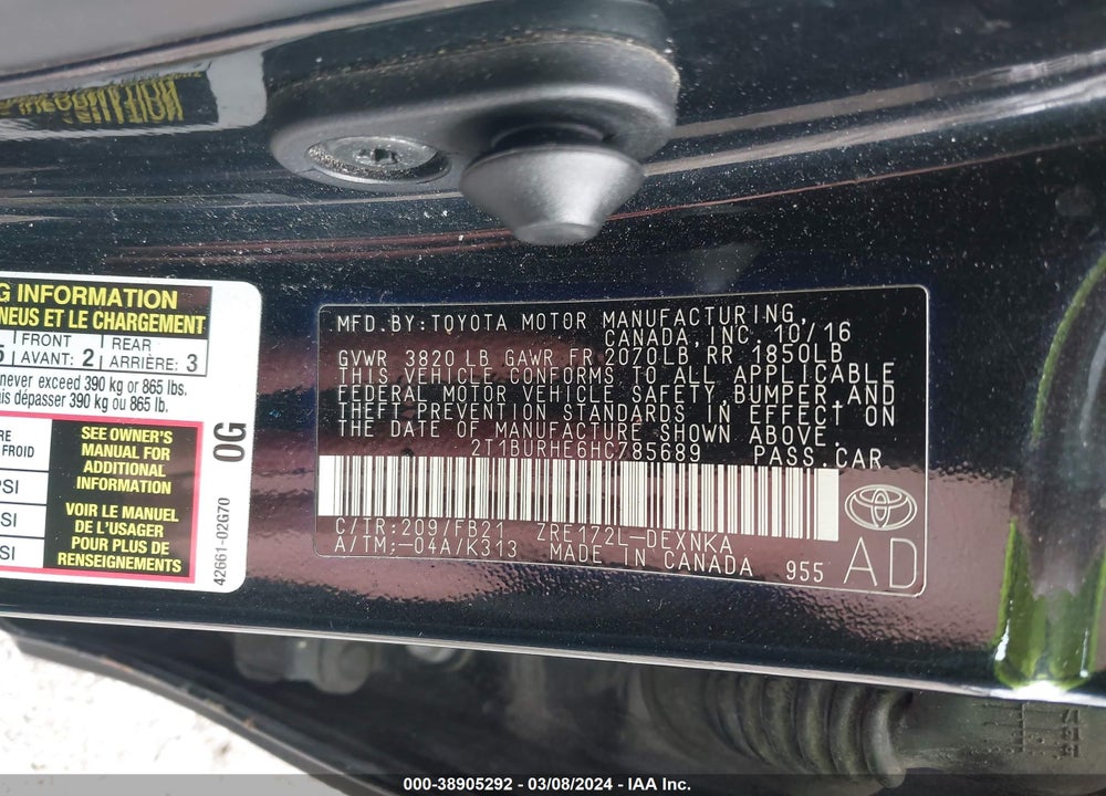 2017 TOYOTA COROLLA LE VIN: 2T1BURHE6HC785689