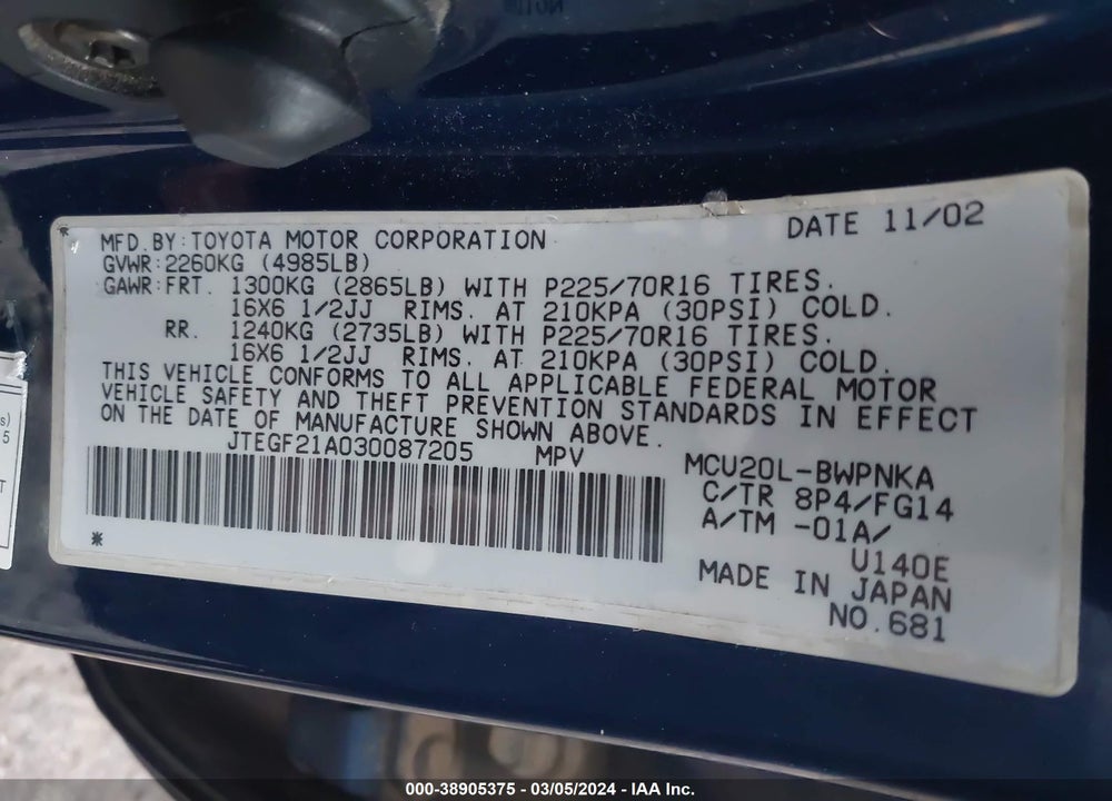 2003 TOYOTA HIGHLANDER V6 VIN: JTEGF21A030087205