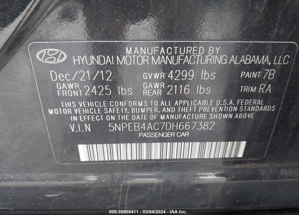 2013 HYUNDAI SONATA VIN: 5NPEB4AC7DH667382