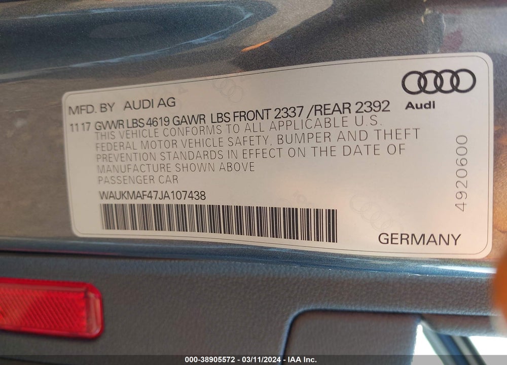 2018 AUDI A4 2.0T TECH ULTRA PREMIUM/2.0T ULTRA PREMIUM VIN: WAUKMAF47JA107438