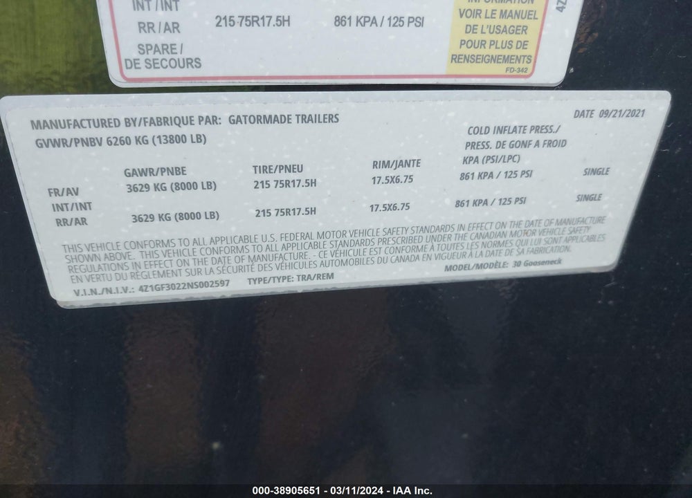 2022 TRAILER GATOR GOOSENECK VIN: 4Z1GF3022NS002597