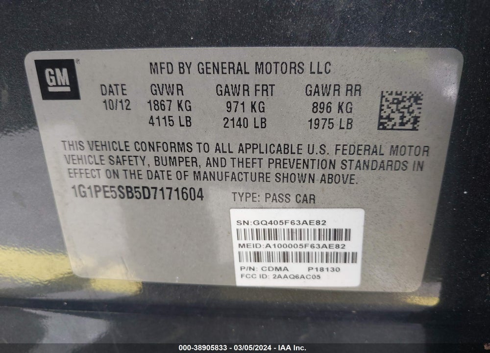 2013 CHEVROLET CRUZE 2LT AUTO VIN: 1G1PE5SB5D7171604