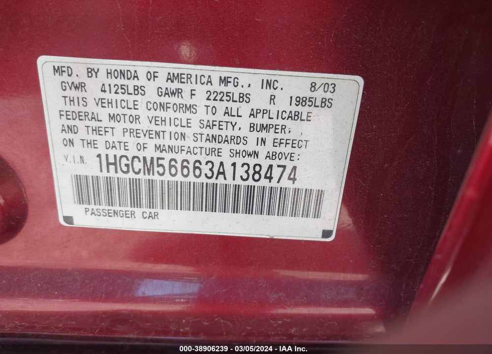 2003 HONDA ACCORD 2.4 EX VIN: 1HGCM56663A138474