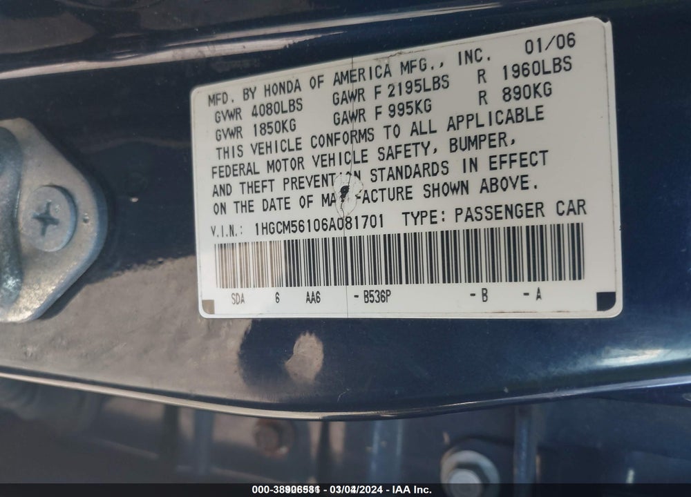 2006 HONDA ACCORD 2.4 VP VIN: 1HGCM56106A081701