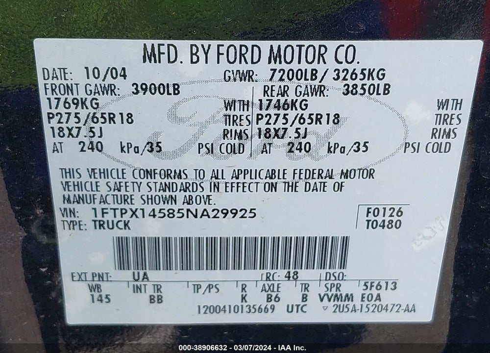 2005 FORD F-150 FX4/LARIAT/XL/XLT VIN: 1FTPX14585NA29925