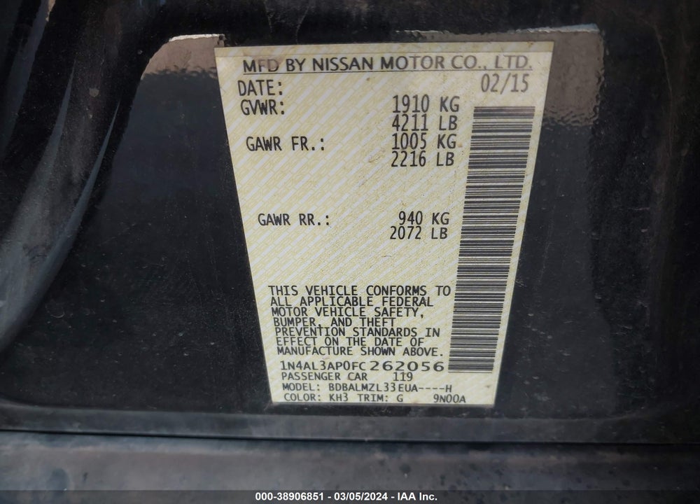 2015 NISSAN ALTIMA 2.5 SV VIN: 1N4AL3AP0FC262056