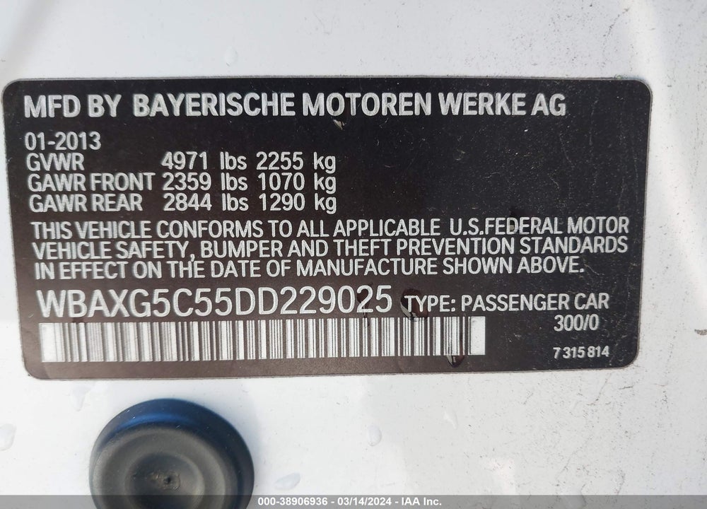 2013 BMW 5 SERIES VIN: WBAXG5C55DD229025