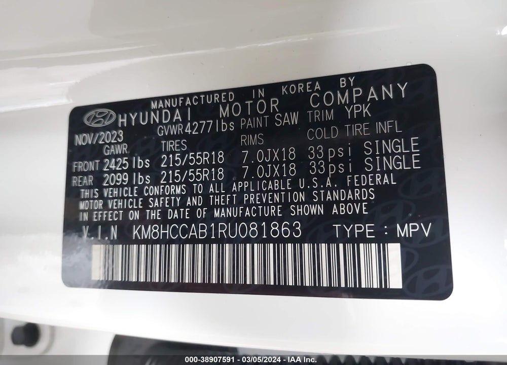 2024 HYUNDAI KONA SEL VIN: KM8HCCAB1RU081863