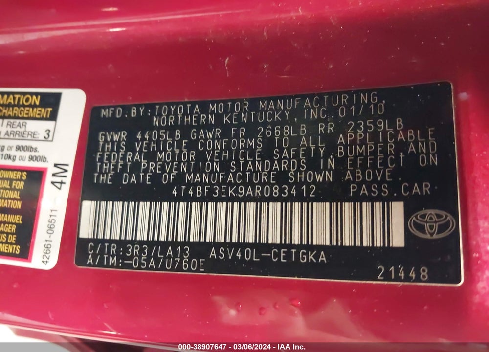 2010 TOYOTA CAMRY XLE VIN: 4T4BF3EK9AR083412