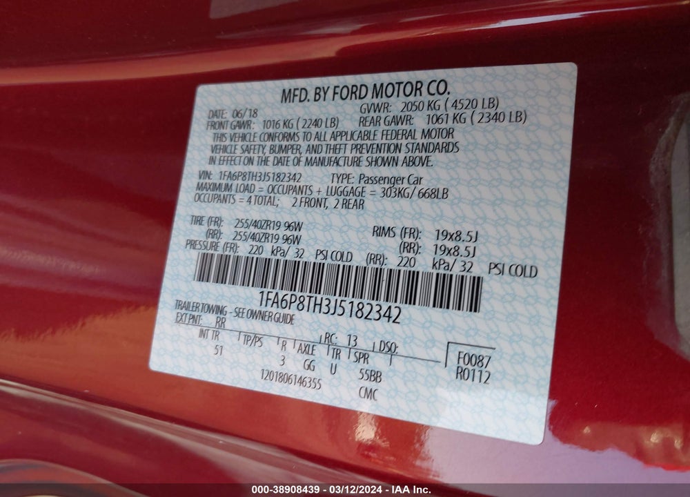 2018 FORD MUSTANG ECOBOOST VIN: 1FA6P8TH3J5182342
