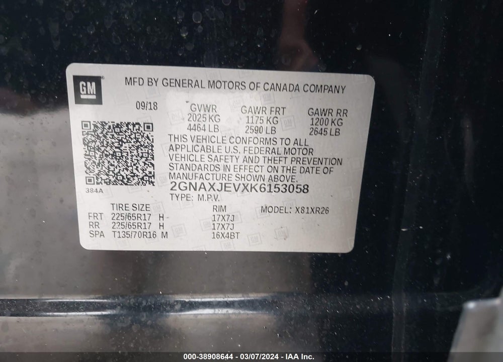 2019 CHEVROLET EQUINOX LT VIN: 2GNAXJEVXK6153058
