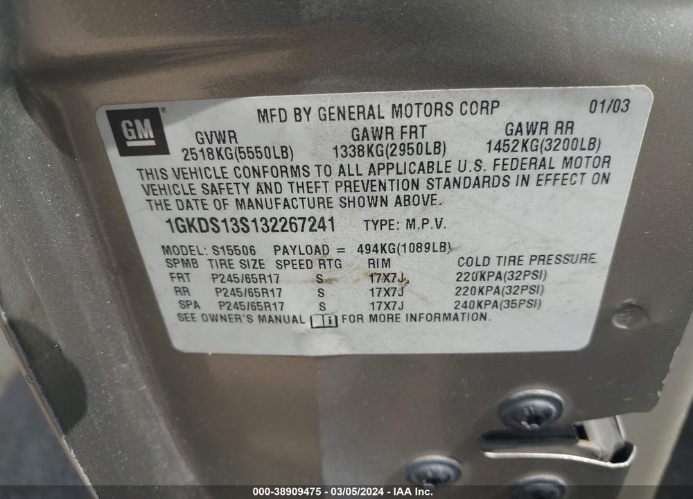 2003 GMC ENVOY SLE VIN: 1GKDS13S132267241