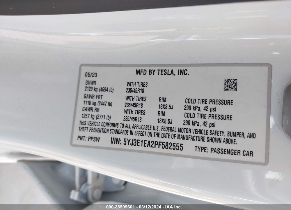 2023 TESLA MODEL 3 VIN: 5YJ3E1EA2PF582555