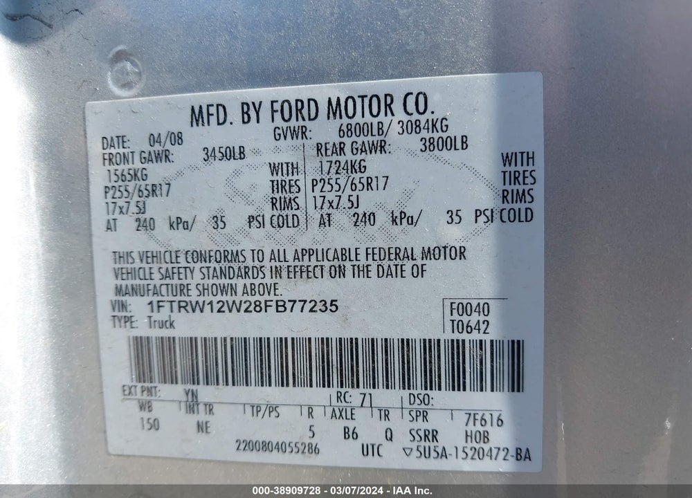 2008 FORD F-150 60TH ANNIVERSARY/FX2/XL/XLT VIN: 1FTRW12W28FB77235